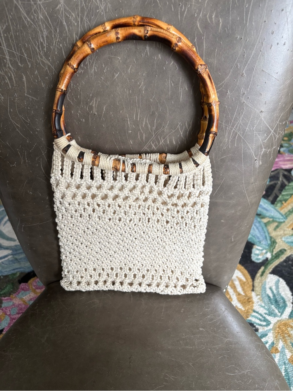 Handcrafted Cream Crochet Mini Bag with Bamboo Circle Handles